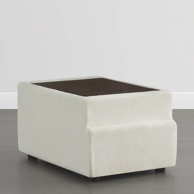 Cream bouclé modular console table with dark wood top and hidden storage.