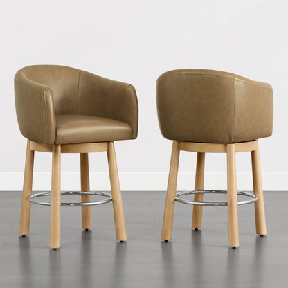 Mateo Barrel Genuine Leather Swivel Bar Stool (Set of 2)