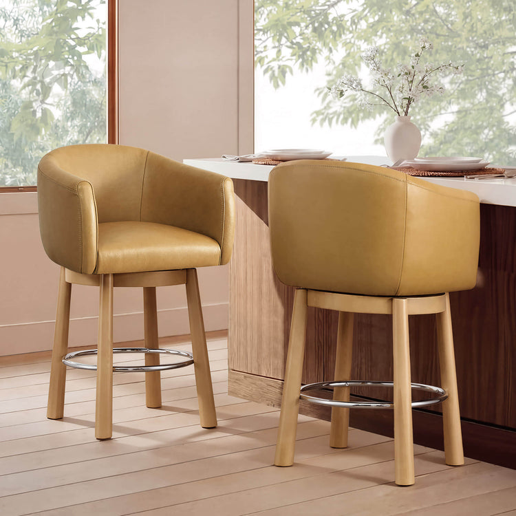 Mateo Barrel Genuine Leather Swivel Bar Stool (Set of 2)