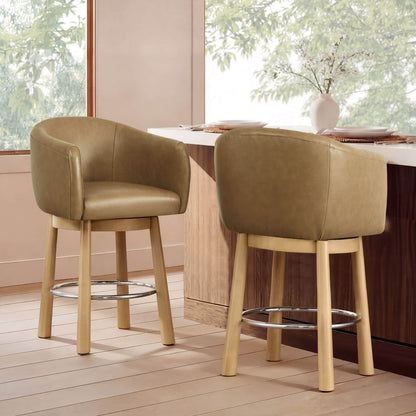 Mateo Barrel Genuine Leather Swivel Bar Stool (Set of 2)