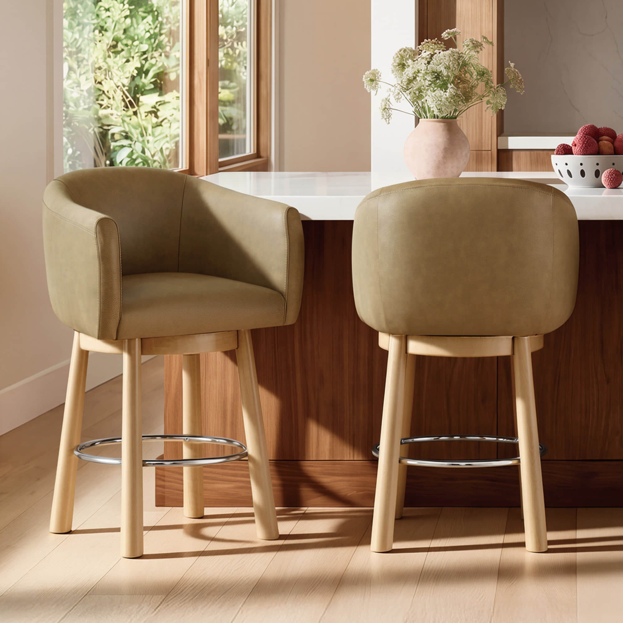 Mateo Barrel Genuine Leather Swivel Bar Stool (Set of 2)