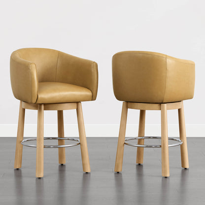 Mateo Barrel Genuine Leather Swivel Bar Stool (Set of 2)