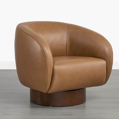 Maverick Genuine Leather Sculptural Wood Base Accent Chair