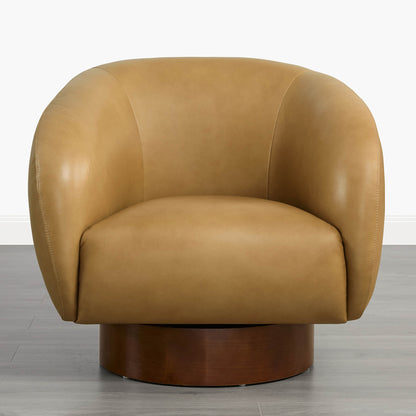 Maverick Genuine Leather Sculptural Wood Base Accent Chair