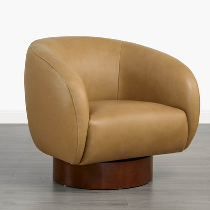 Maverick Genuine Leather Sculptural Wood Base Accent Chair