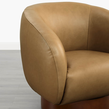 Maverick Genuine Leather Sculptural Wood Base Accent Chair
