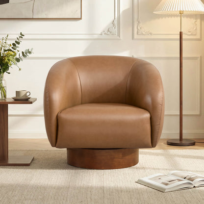 Maverick Genuine Leather Sculptural Wood Base Accent Chair