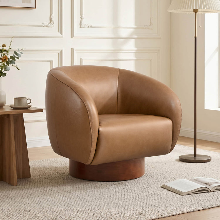 Maverick Genuine Leather Sculptural Wood Base Accent Chair