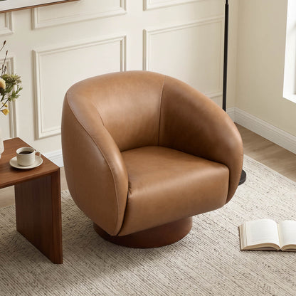Maverick Genuine Leather Sculptural Wood Base Accent Chair