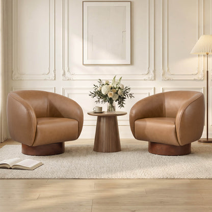 Maverick Genuine Leather Sculptural Wood Base Accent Chair
