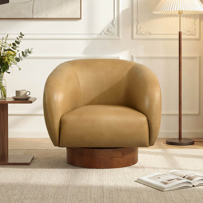Maverick Genuine Leather Sculptural Wood Base Accent Chair