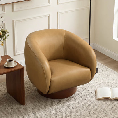 Maverick Genuine Leather Sculptural Wood Base Accent Chair