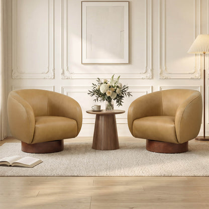 Maverick Genuine Leather Sculptural Wood Base Accent Chair