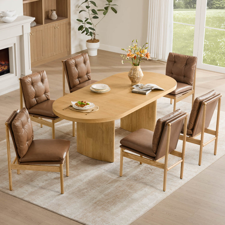 Merlin extendable wood dining table and 6 brown tufted chairs set