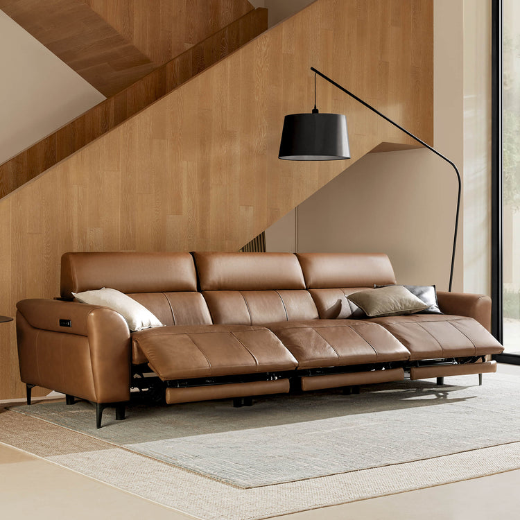Murphy Premium Dual-Motor Genuine Leather Zero-Wall Power Reclining Sofa in Saddle Brown.