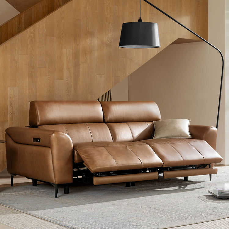 Murphy premium dual-motor genuine leather zero-wall power reclining sofa in saddle brown.