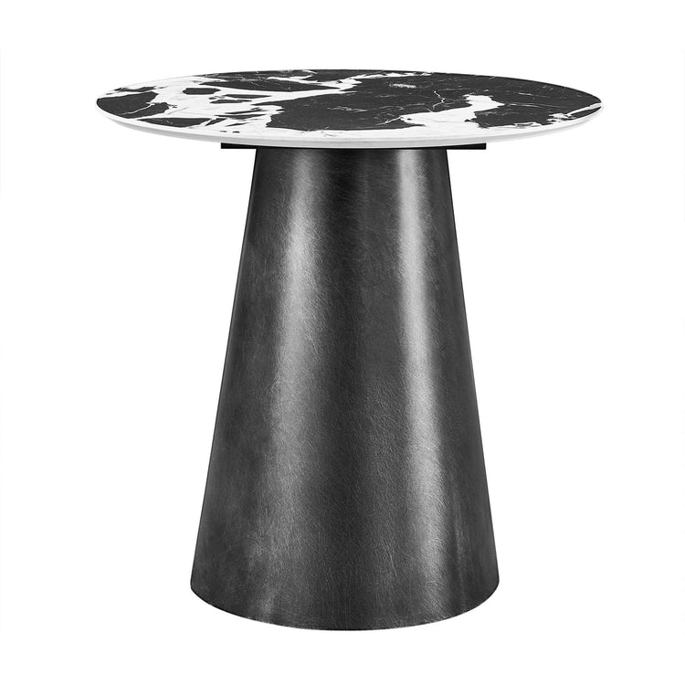 Natalie Black Sintered Stone round side table with marble pattern top and textured metal base.