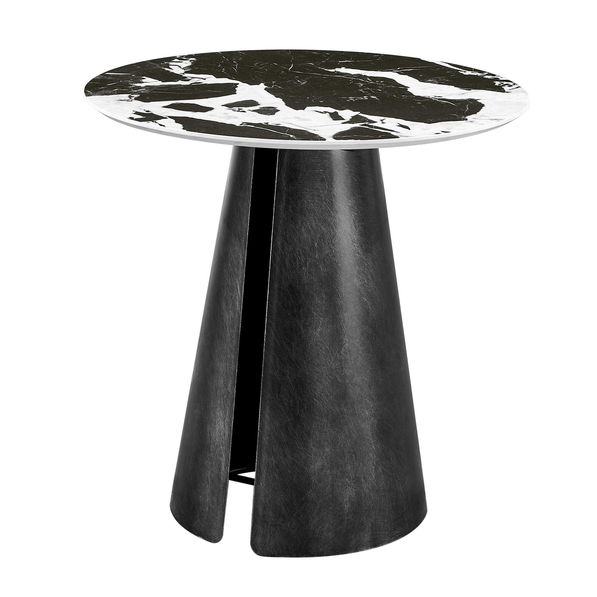 Natalie Black Ceramic Round Side Table with unique veining and black tapered metal base.