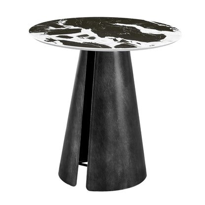 Natalie Black Ceramic Round Side Table with unique veining and black tapered metal base.