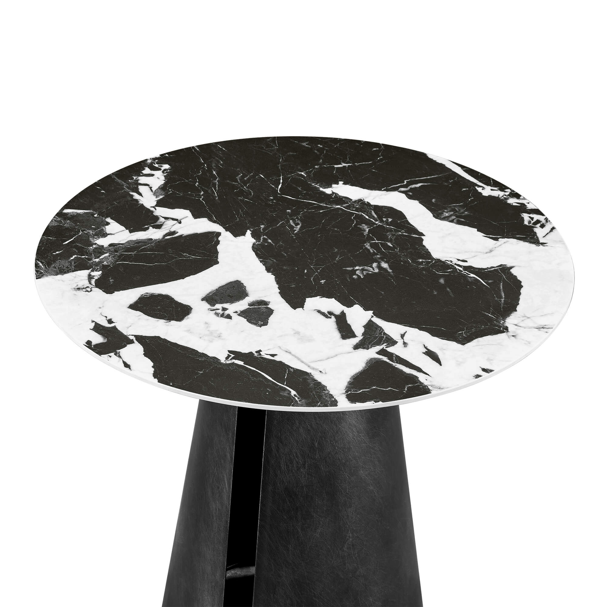 Natalie black sintered stone round side table with unique veining and black pedestal base.