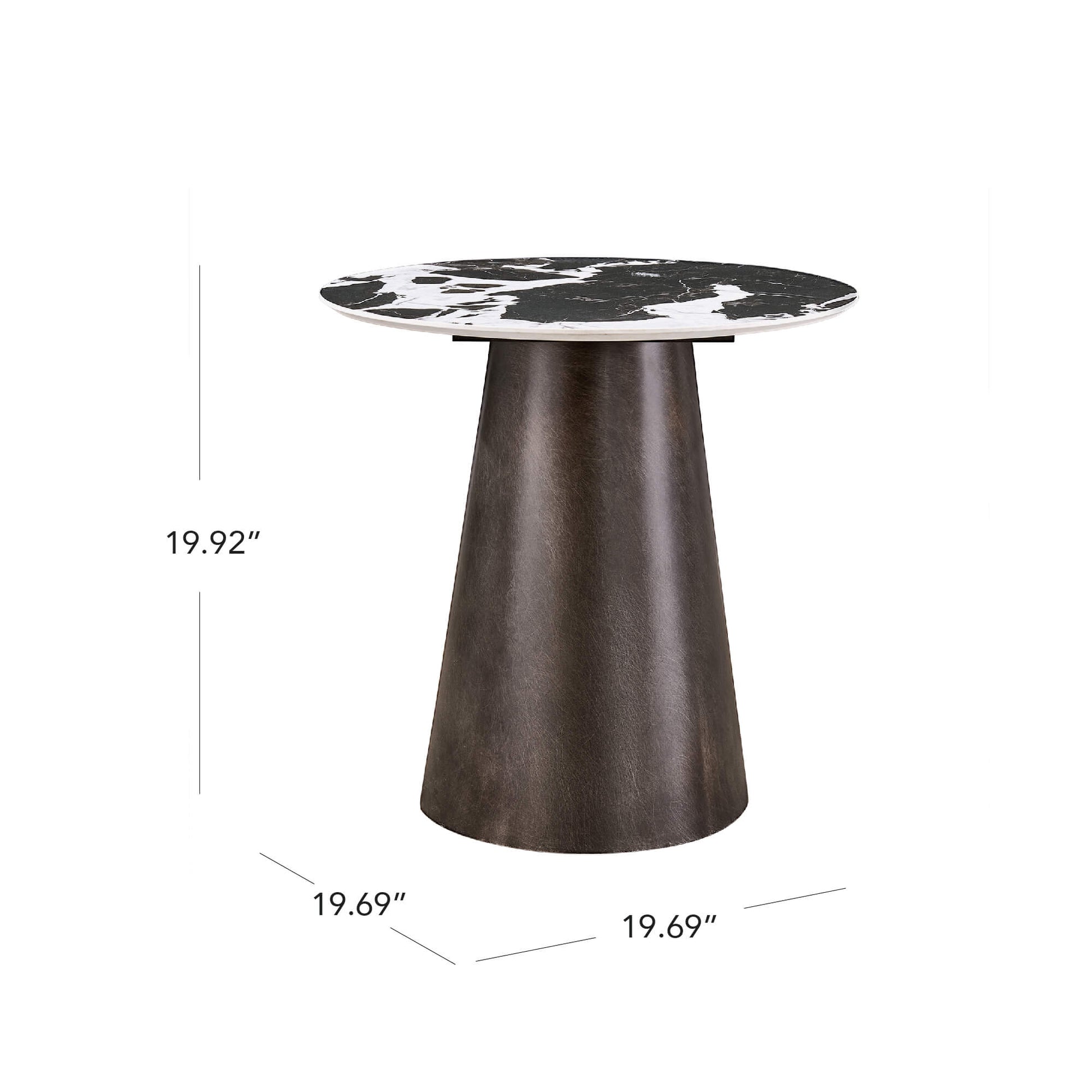 Natalie black ceramic round side table with tapered metal base, 19.92" H x 19.69" W x 19.69" D.