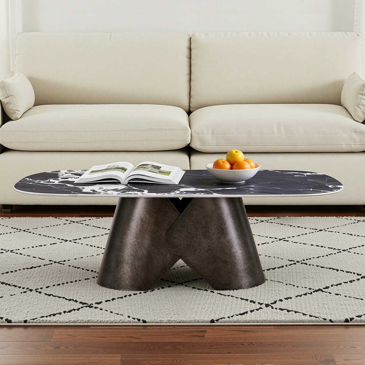 Natalie black sintered stone stylish oval coffee table with marble top and metal base