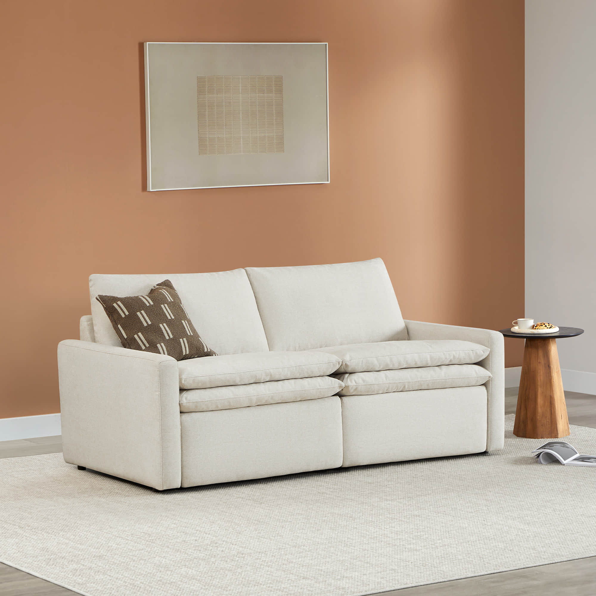 Ohana 2-Seat Motion Modular Sofa in light fabric with decorative pillow and side table - CHITA Living