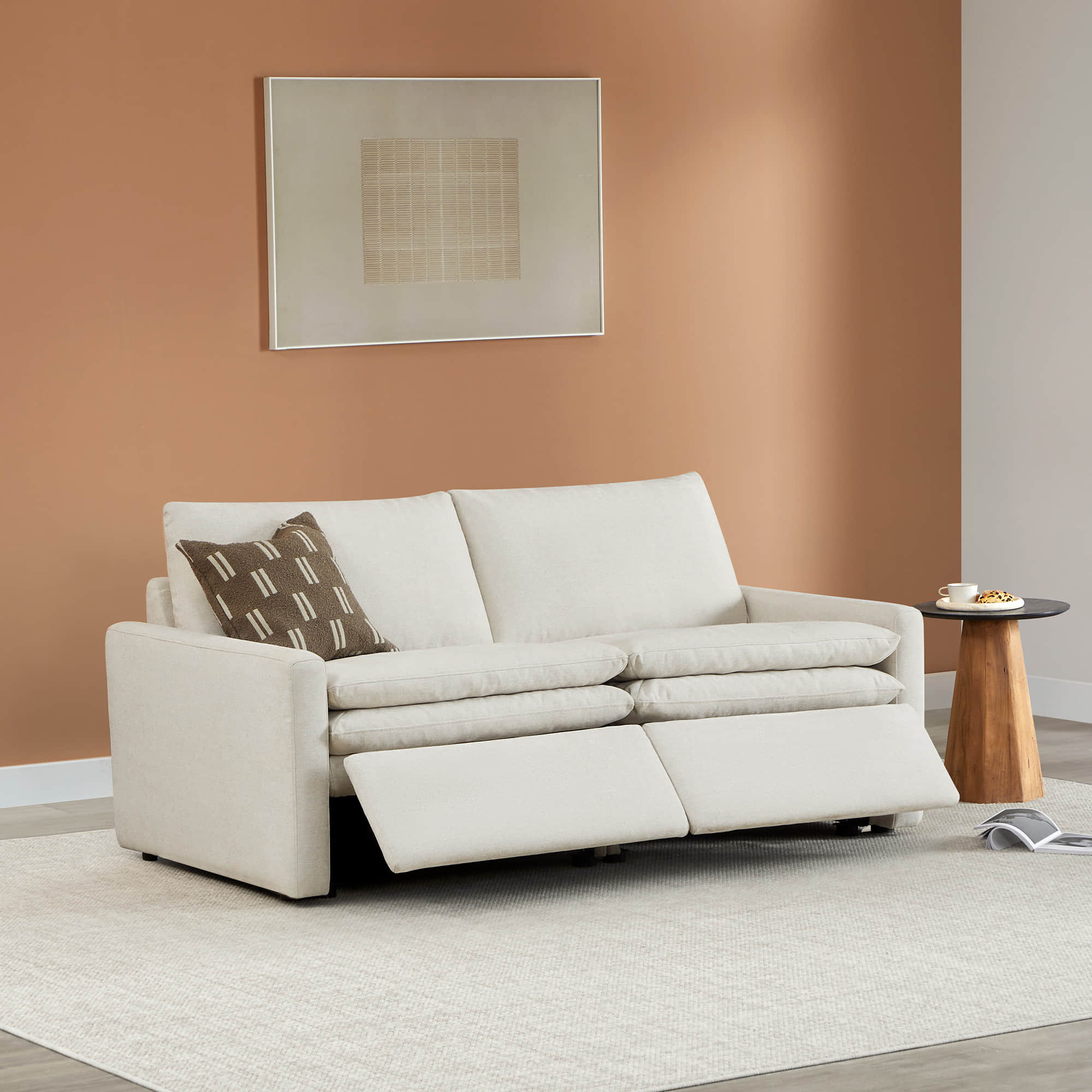 Ohana 2-Seat Motion Modular Sofa in light beige with reclined seats and decorative pillow - CHITA Living