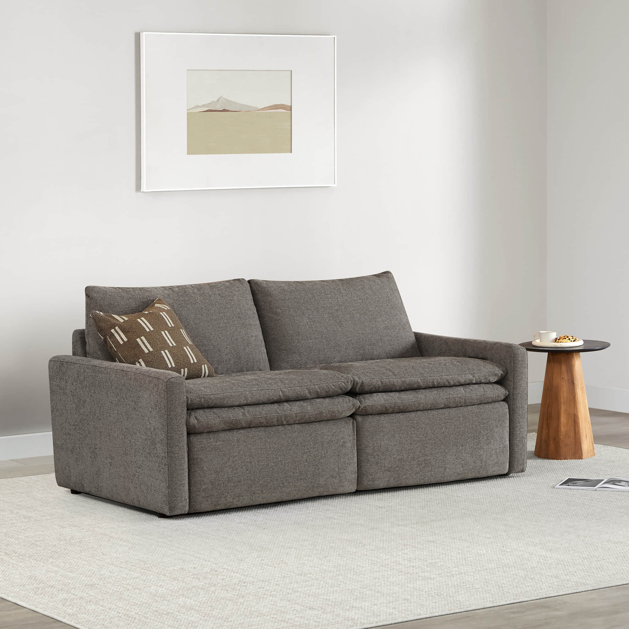 Ohana 2-Seat Motion Modular Sofa in dark gray fabric with plush cushions and decorative pillow - CHITA Living