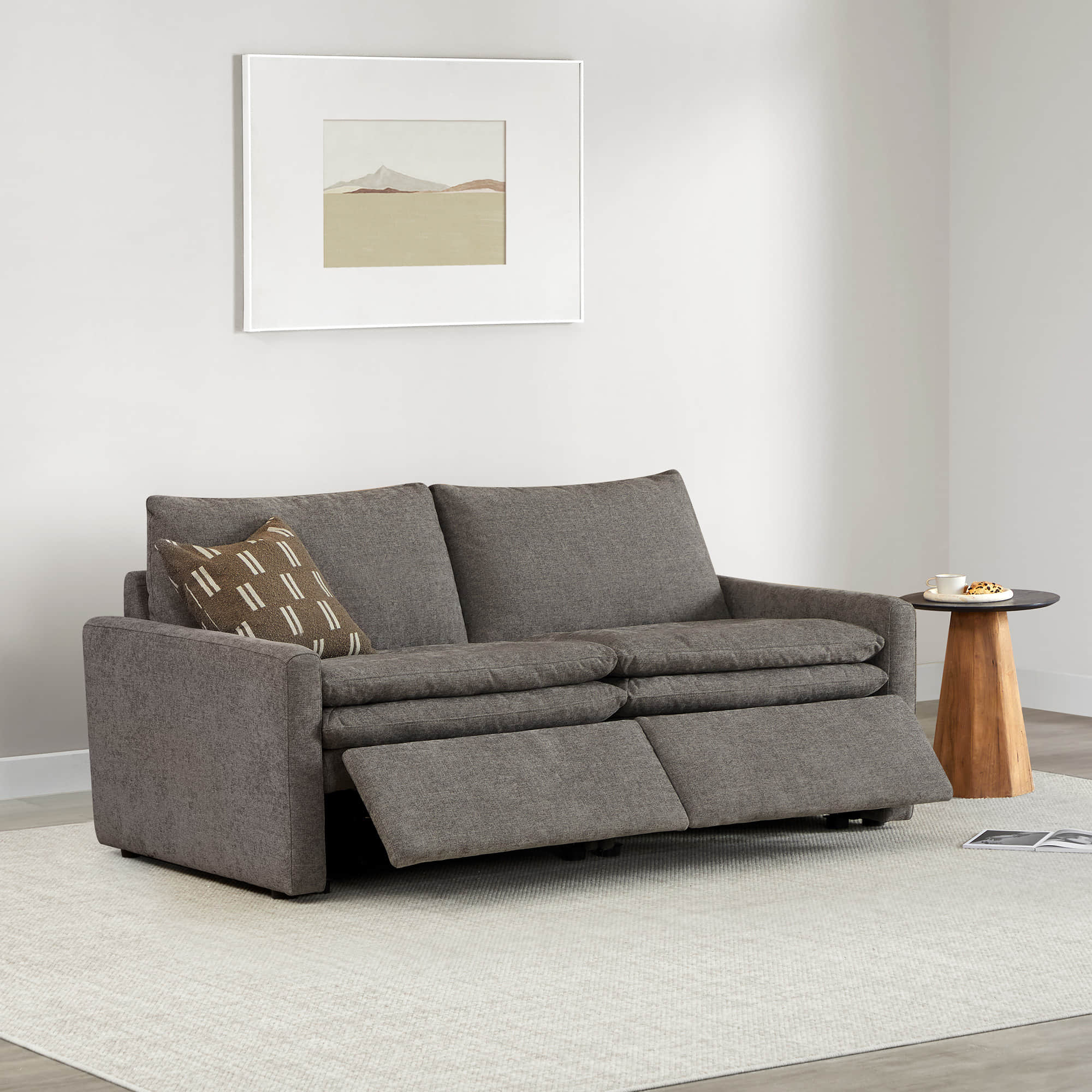 Ohana 2-Seat Motion Modular Sofa in dark gray with reclined seats and decorative throw pillow - CHITA Living