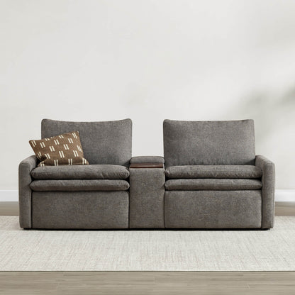 Ohana 2-Seat Motion Modular Sofa in dark gray with decorative pillow and central console - CHITA Living