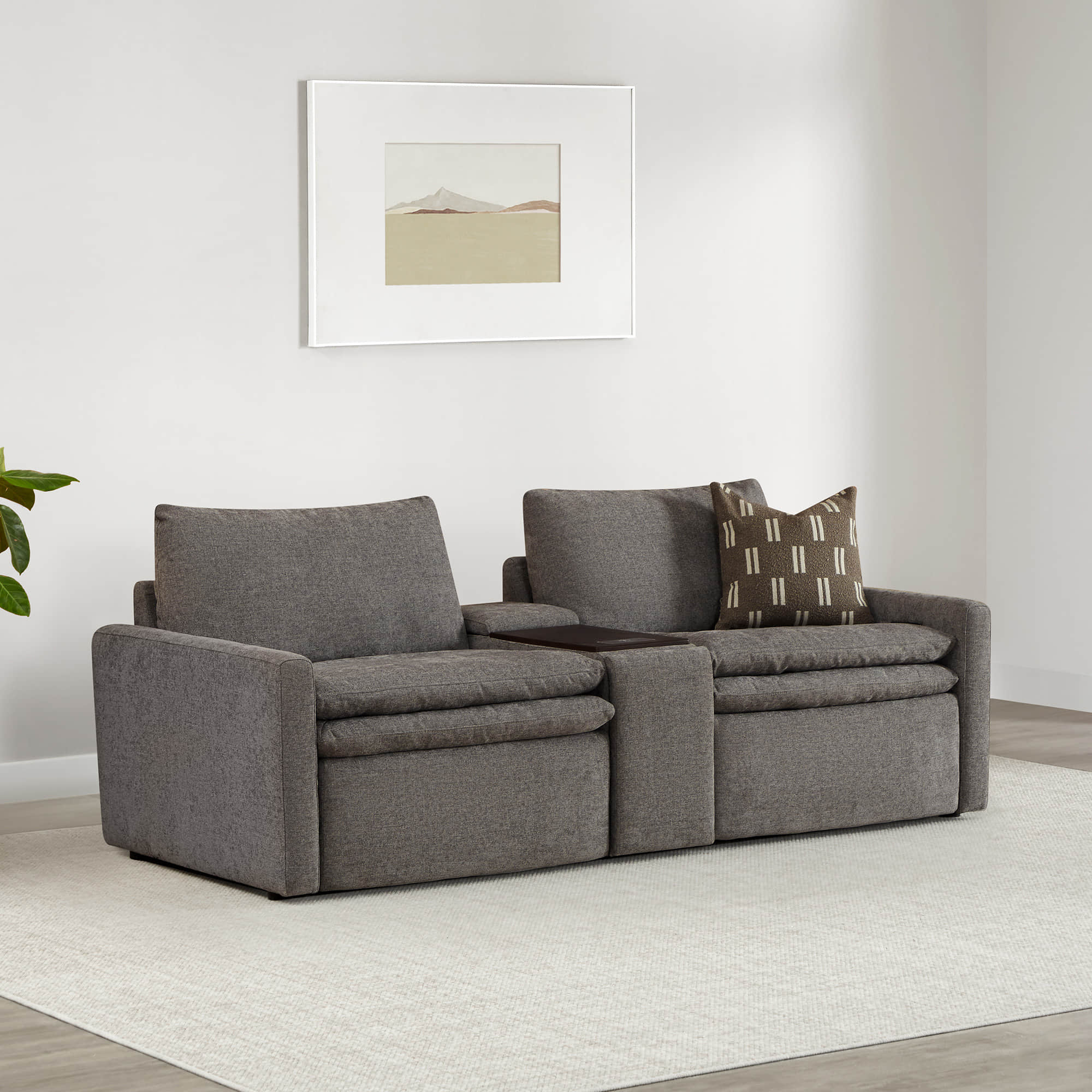 Ohana 2-Seat Motion Modular Sofa in dark gray with console and decorative pillow - CHITA Living