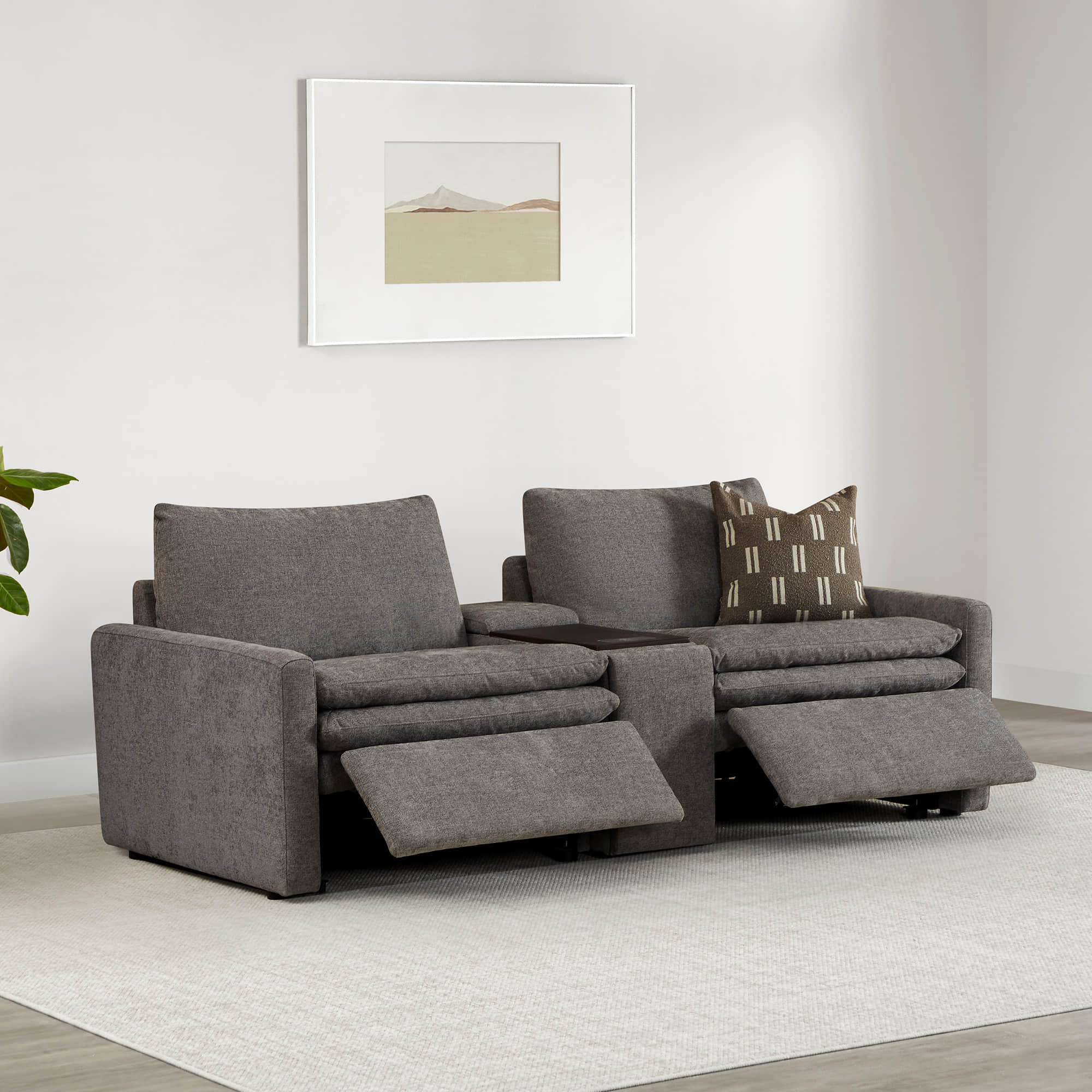 Ohana 2-Seat Motion Modular Sofa in dark gray with reclined seats and decorative pillow - CHITA Living