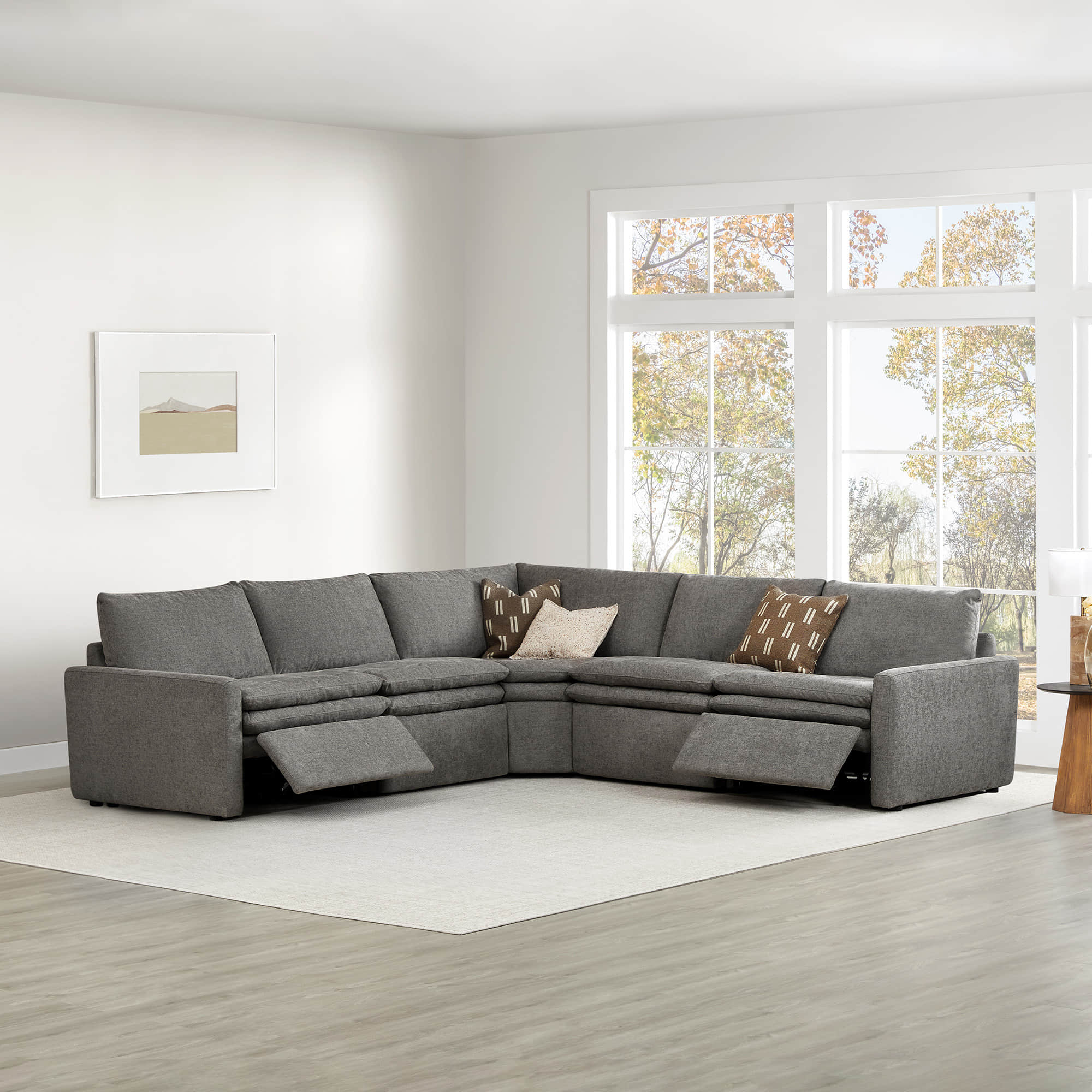 L-shaped Ohana 5-seat modular sofa in soft grey with reclining sections for modern comfort - CHITA Living