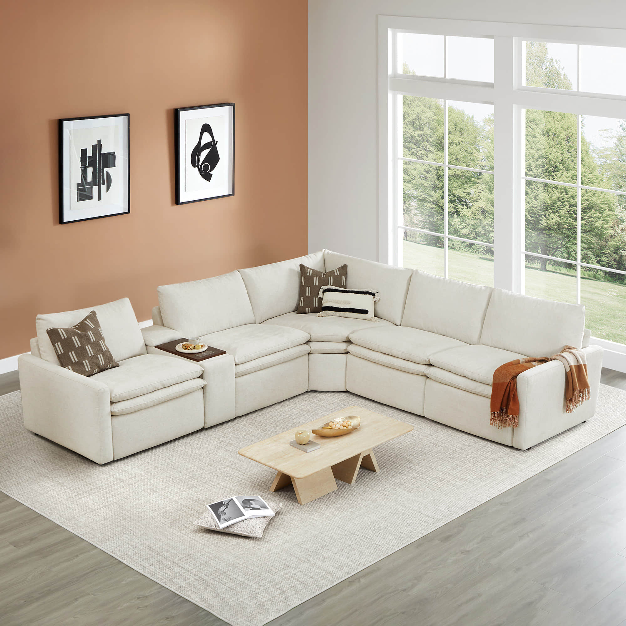 L-shaped Ohana 5-seat sofa in soft beige with plush cushions in bright living room - CHITA Living