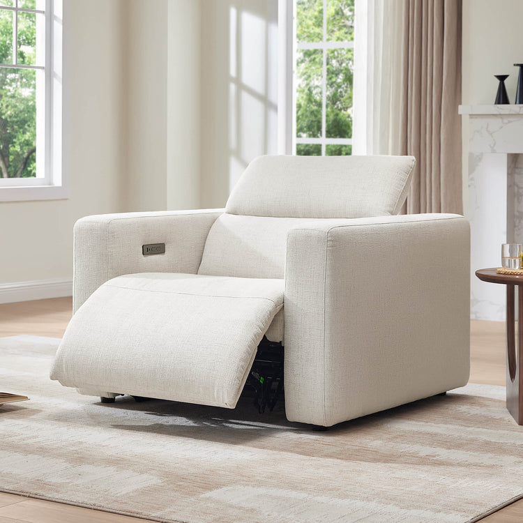 Creamy gray Oliver power recliner sofa chair with adjustable headrest and footrest.