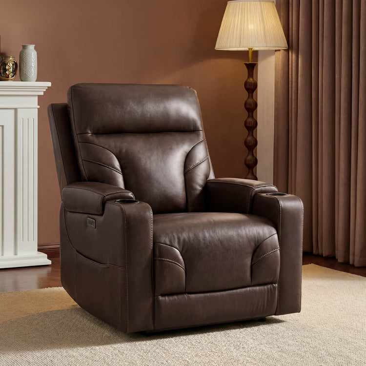 Raven Wall Hugger Genuine Leather Power Recliner with Cup Holders