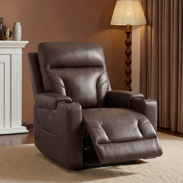 Raven Wall Hugger Genuine Leather Power Recliner with Cup Holders
