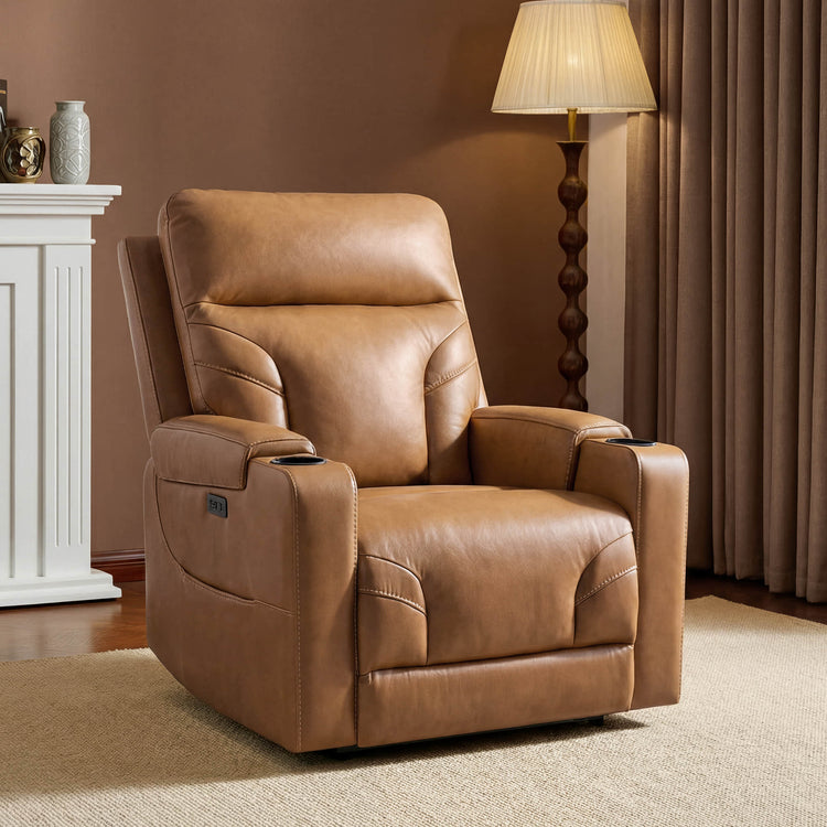 Raven Wall Hugger Genuine Leather Power Recliner with Cup Holders