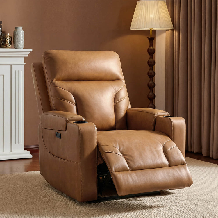 Raven Wall Hugger Genuine Leather Power Recliner with Cup Holders