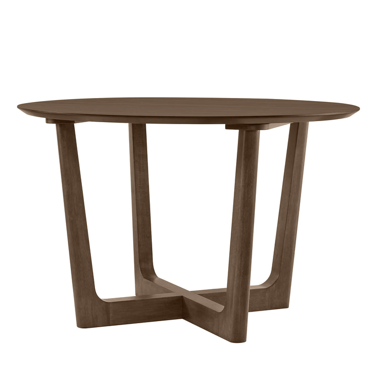Rory Round Wood Cross-Base Dining Table in walnut finish with a sculptural cross-base.