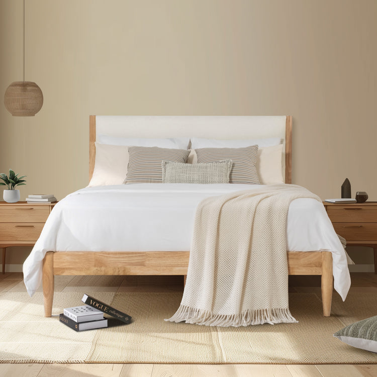 Solace Solid Wood Boucle Upholstered Bed