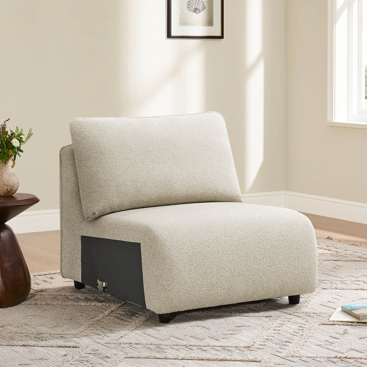 Teleri armless chair in sand boucle fabric with dark base and wooden legs