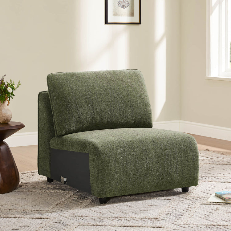 Forest Green Teleri armless chair with textured fabric and dark wood base on patterned rug