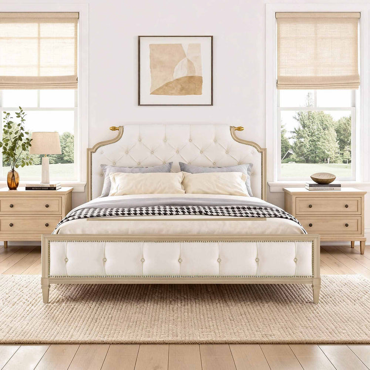 Teresa King Size Tufted Upholstered Platform Bed in cream with champagne birchwood frame.