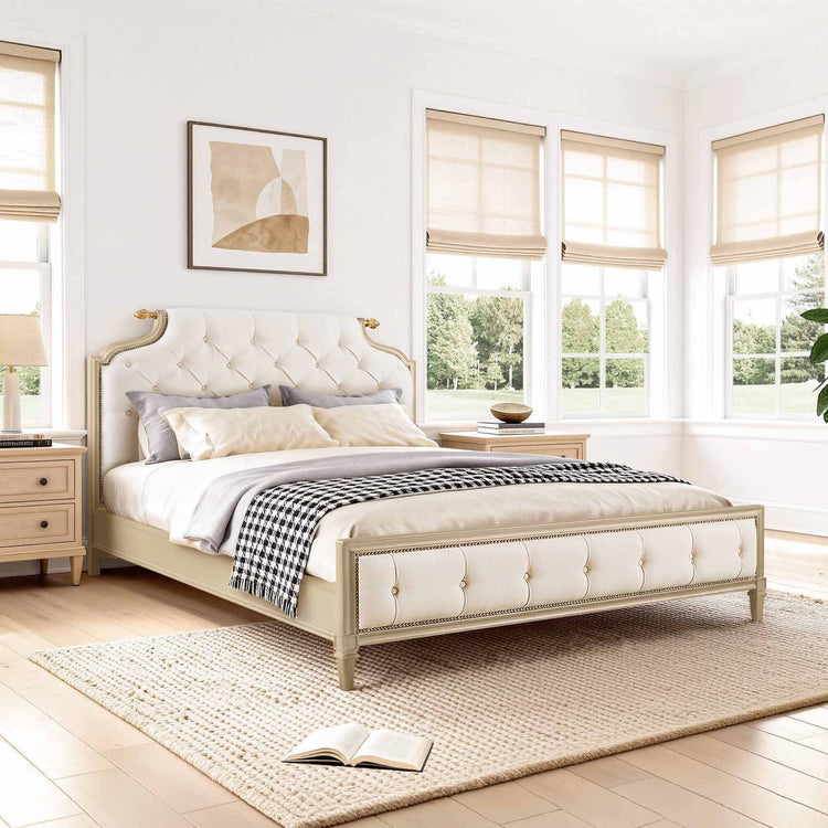 Teresa King size upholstered platform bed with cream tufted headboard and birchwood frame.