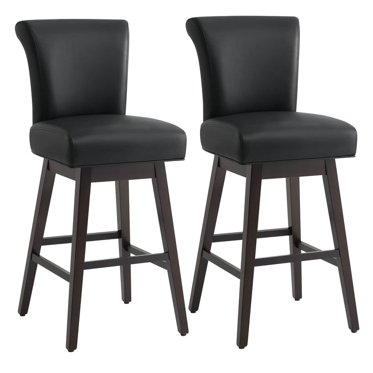Alina modern swivel bar stool in dark green leather with elegant backrest and wooden legs - CHITA Living