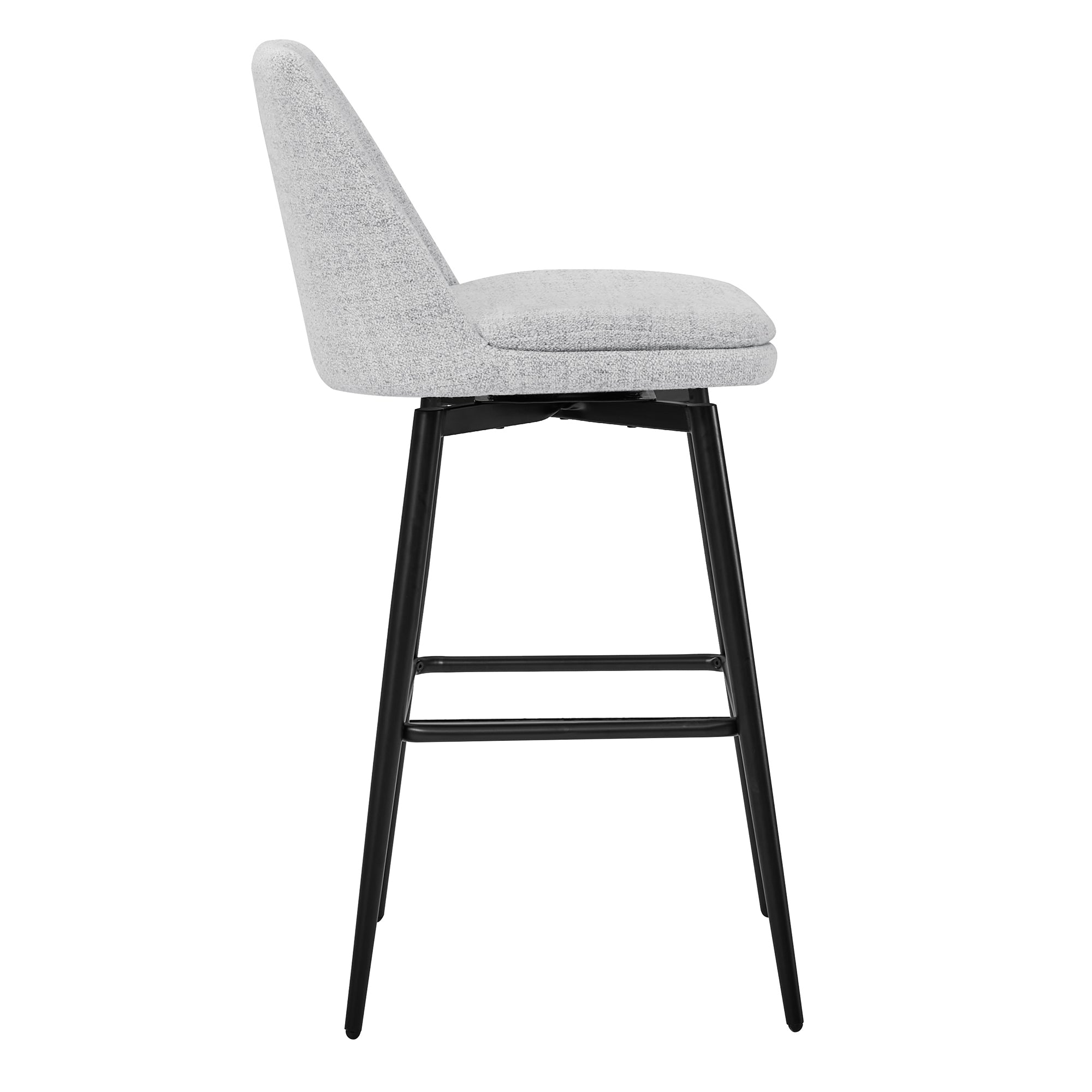 Eli swivel bar stool with light gray fabric seat and black metal frame - CHITA Living