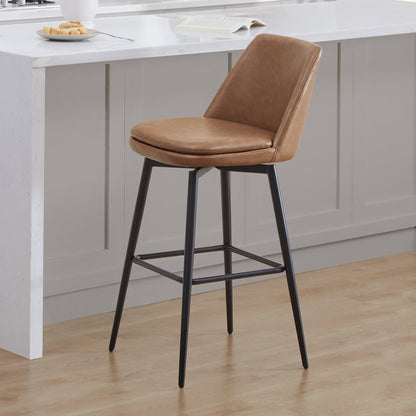 Eli swivel bar stool with brown faux leather seat and matte black metal legs - CHITA Living