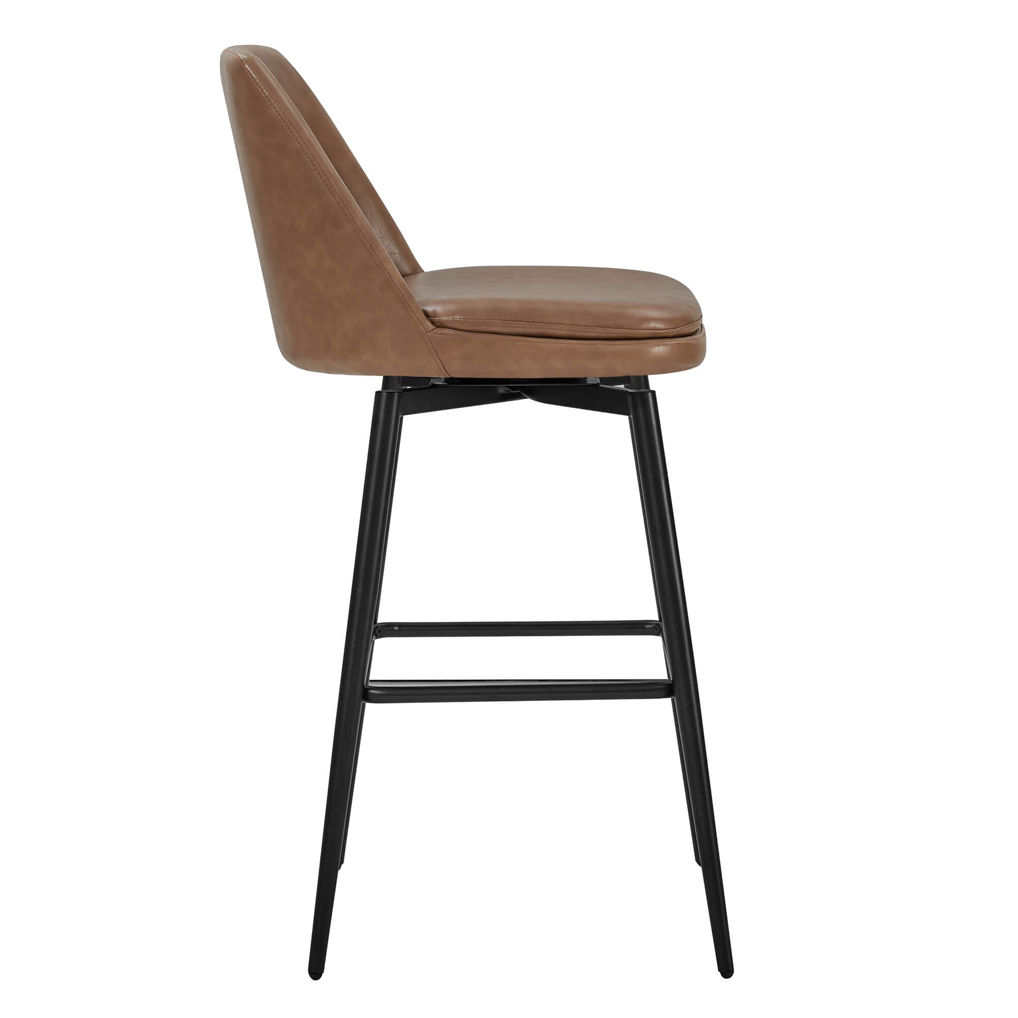 Side view of Eli swivel bar stool with brown faux leather seat and black metal frame - CHITA Living